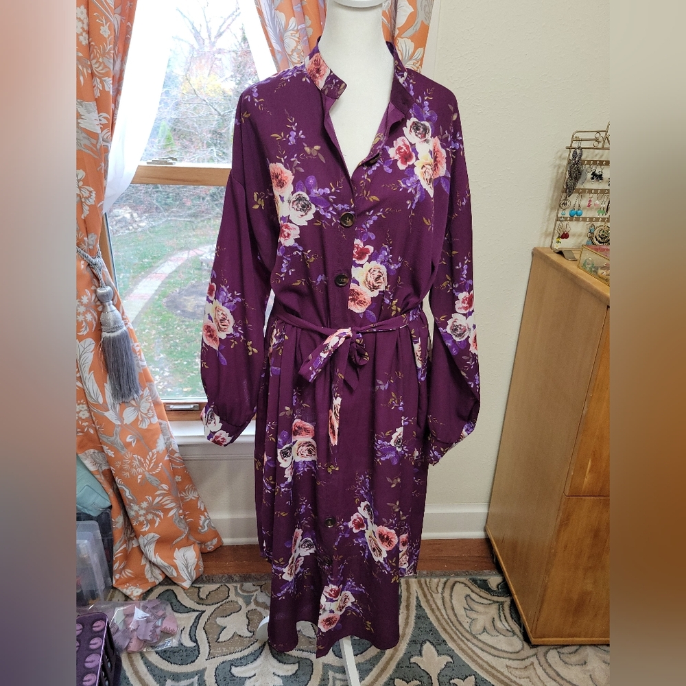 Floral Purple Button-Up Shirt Dress